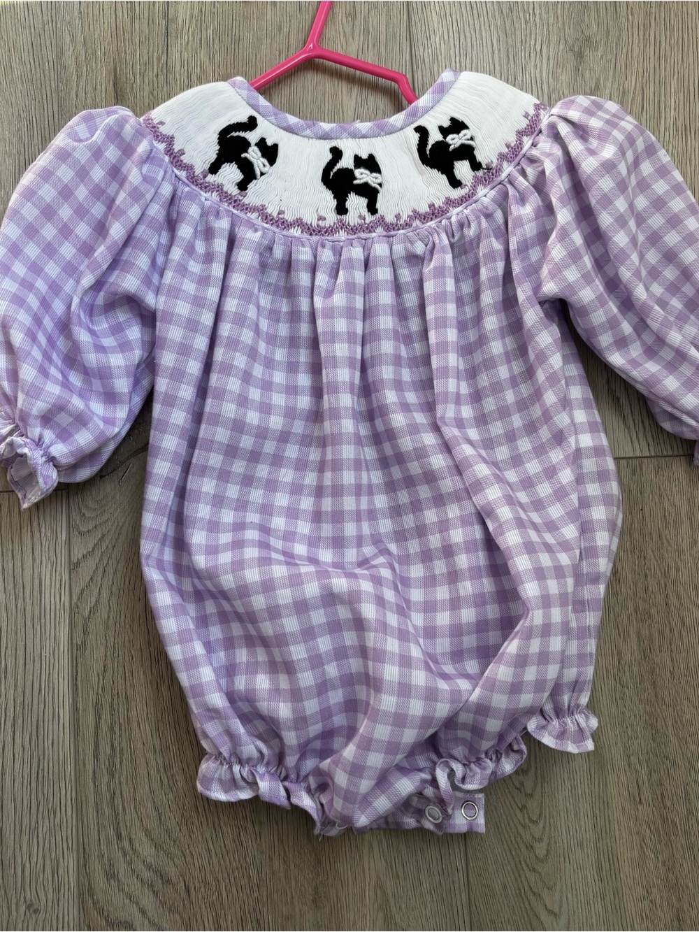Smocked Lavender Gingham Baby One-Piece with Black Cat Detail